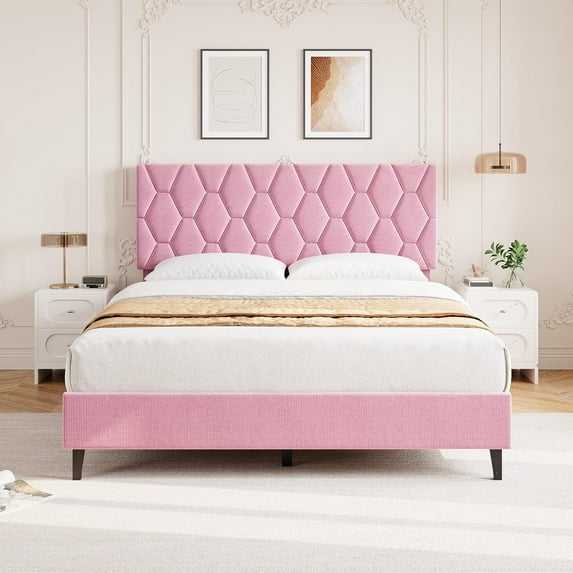 Trilenars FULL Size Platform Bed Frame,Upholstered Headboard and Wooden Slats Support,Upholstered Mattress Foundation/No Box Spring Needed/Easy Assembly,Pink