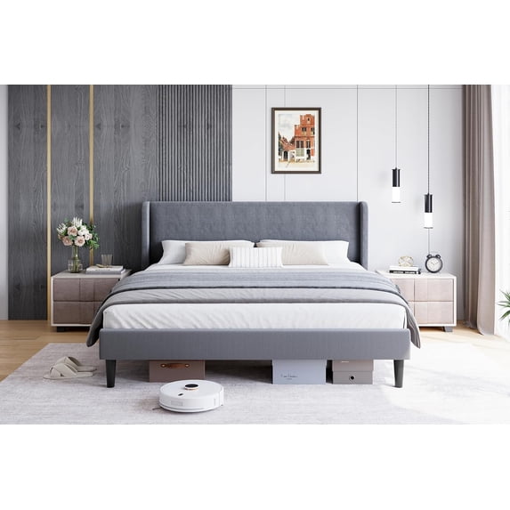 Trilenars Full Size Bed Frame,Upholstery Platform Bed with Wingback Headboard,Wooden Slat Support,Easy Assembly,No Box Spring Need,Dark Gray