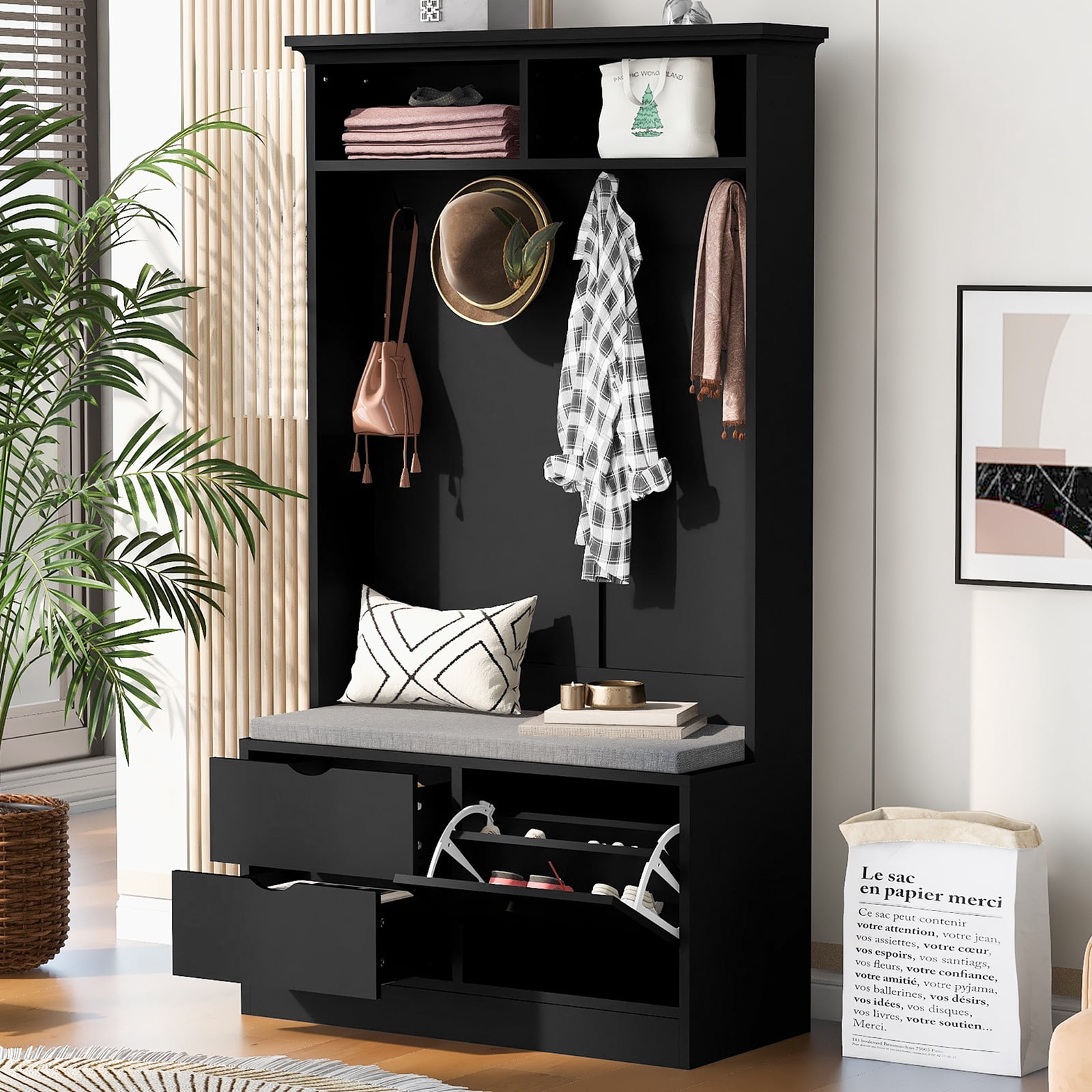 Trilenars Hall Tree With 4 Hooks Cushion Bench Top Storage Shelves ...