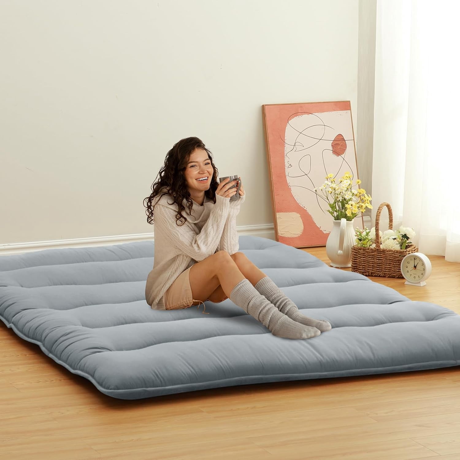 Trilenars Japanese Futon Mattress Full Size,Floor Mattress for Adults Futon Floor Mattress Foldable Sleeping Mattress Tatami Mat,Camping Mattress Pad,Light Gray