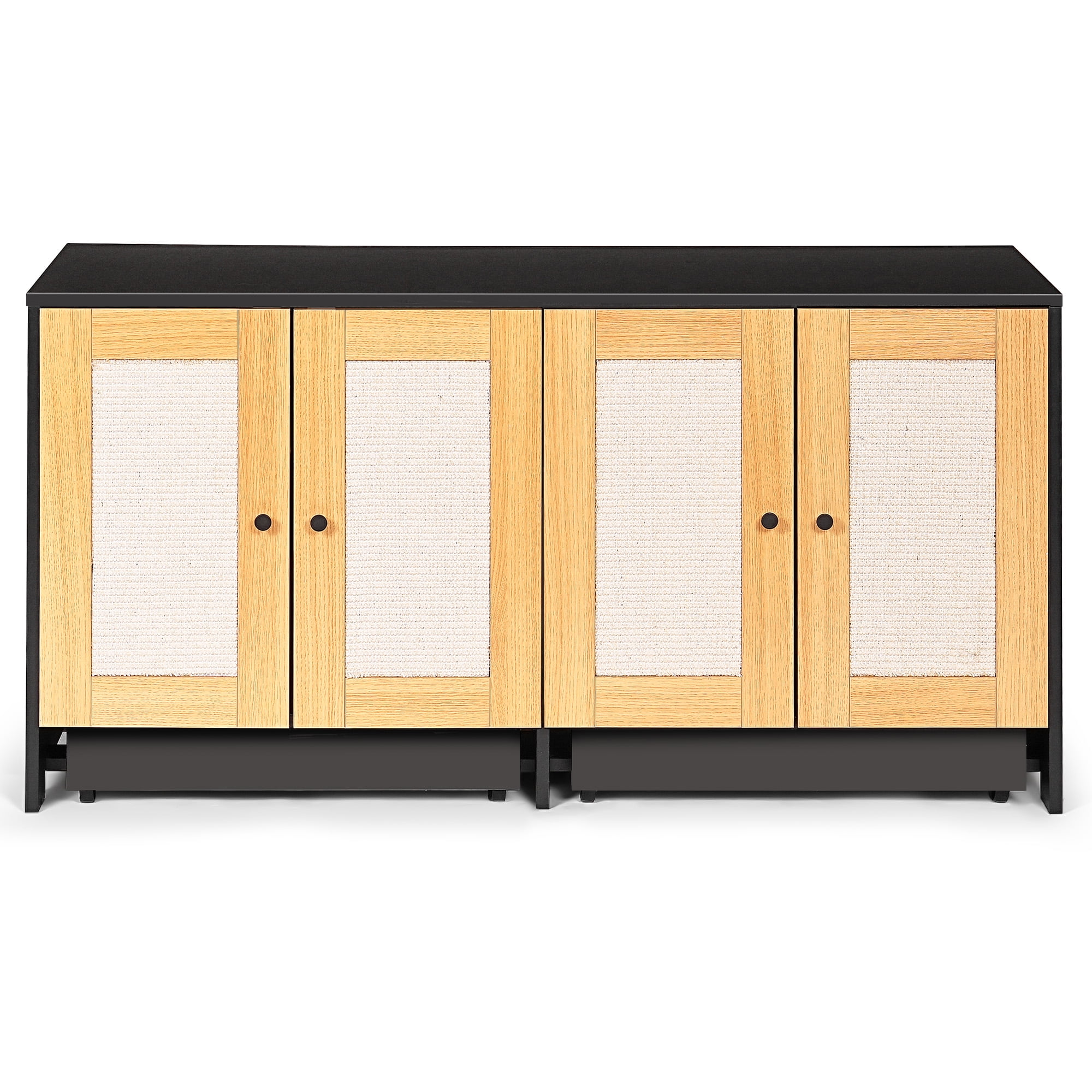 Trilenars Litter Box Enclosure With Double Room, Litter Box Furniture Hidden With Rattan Decorated Doors, Wooden Cat Box Cabinet With Pull Out Bottom Plate, Cat Washroom