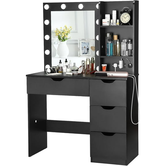 Trilenars Makeup Vanity with Mirror and Lights Vanity Desk with Charging Station Vanity Mirror with 4 Drawers Bedroom Makeup Table with 3 Lighting Modes Brightness,Black