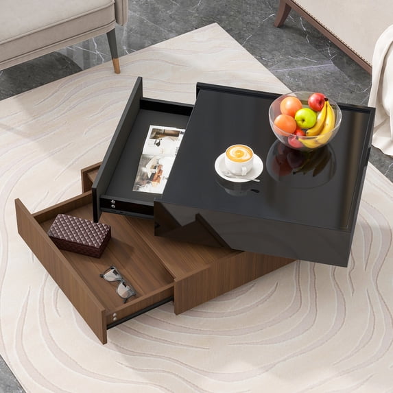 Trilenars Modern Square Coffee Table, High Gloss 360°Rotating Side Table, 2-Tier Center Table With 2 Drawers And Swivel Tabletop For Home Office Living Room