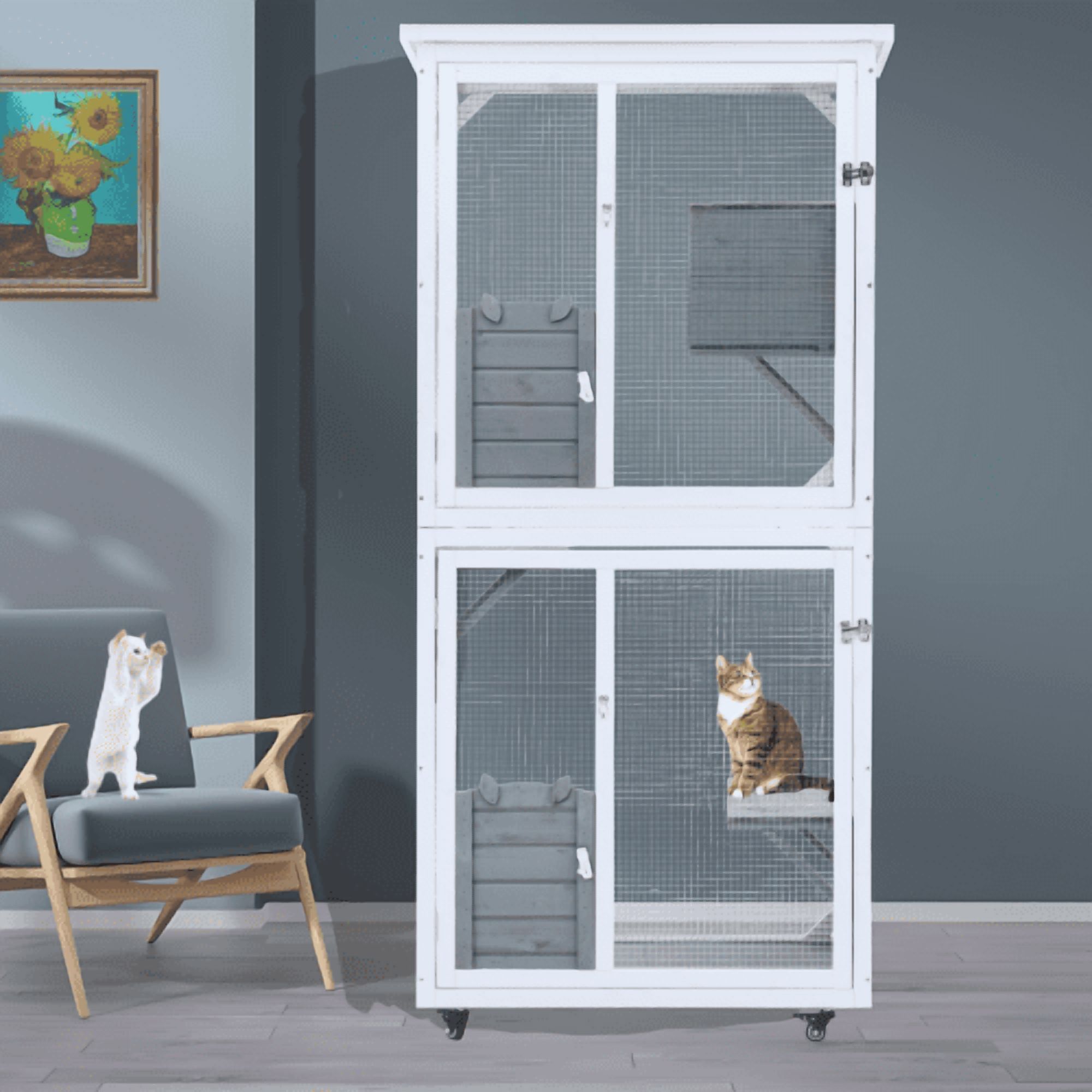 Trilenars Outdoor Indoor 71 Inch 2-Level Wooden Cat Enclosure Resting ...