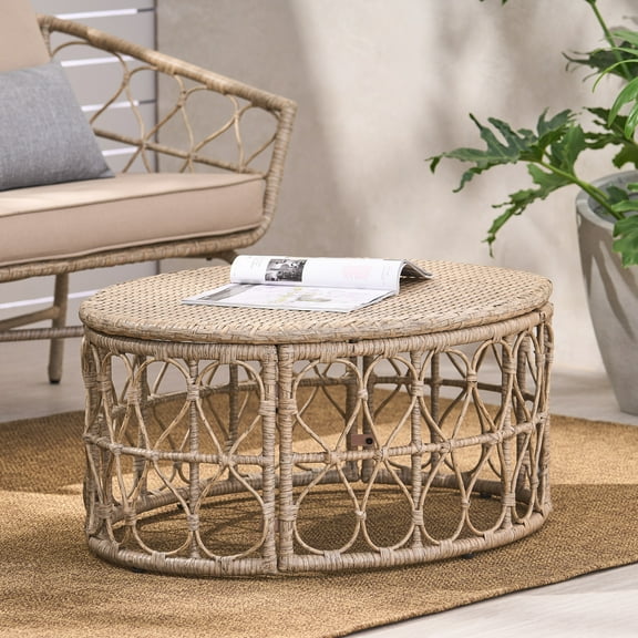 Trilenars Patio Round Coffee Table, Outdoor Wicker Rattan Sofa Table With Looped Design, Modern Accent Coffee Table With Wicker Weave Top For Backyard