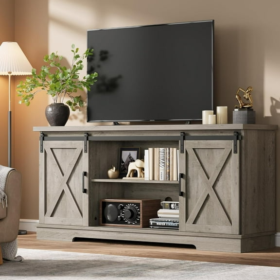 Trilenars TV Media Console Table ,Farmhouse TV Stand and Entertainment Center for TV Up to 65 Inches with Sliding Barn Doors and Adjustable Shelf,with Storage Cabinet for Living Room,Gray