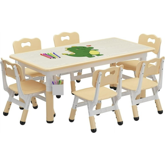 Trilenars Table and 6 Chairs Set for Ages 2-10,Height Adjustable Table and Chairs Set,Graffiti Desktop,Non-Slip Legs,Children Table for Daycare Home,Wood color