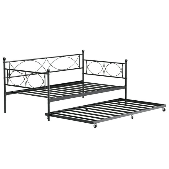 Trilenars Twin Size Daybed,  Mattress Foundation Platform Sofa Bed with Lockable Casters,Metal Daybed Frame with Trundle, Heavy Duty Metal Slats,for Bedroom, Living Room,Black