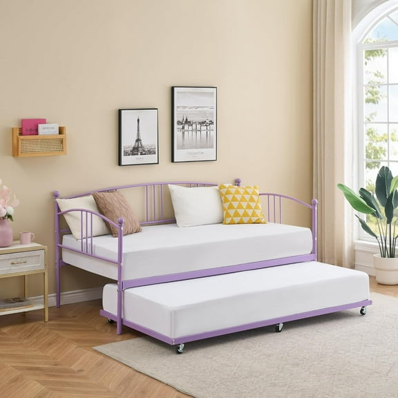 Trilenars Twin Size Metal Daybed with Trundle,Sofa Bed Frame with 6 Casters and Steel Slat Support for Living Room,Bedroom and Guest Room,Taro Purple