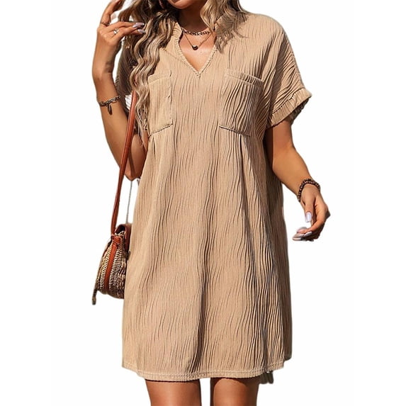 Trilenars Women's Summer V Neck Dress Short Sleeve Solid Color Shirt Dress With Pocket Summer Loose Casual Dress