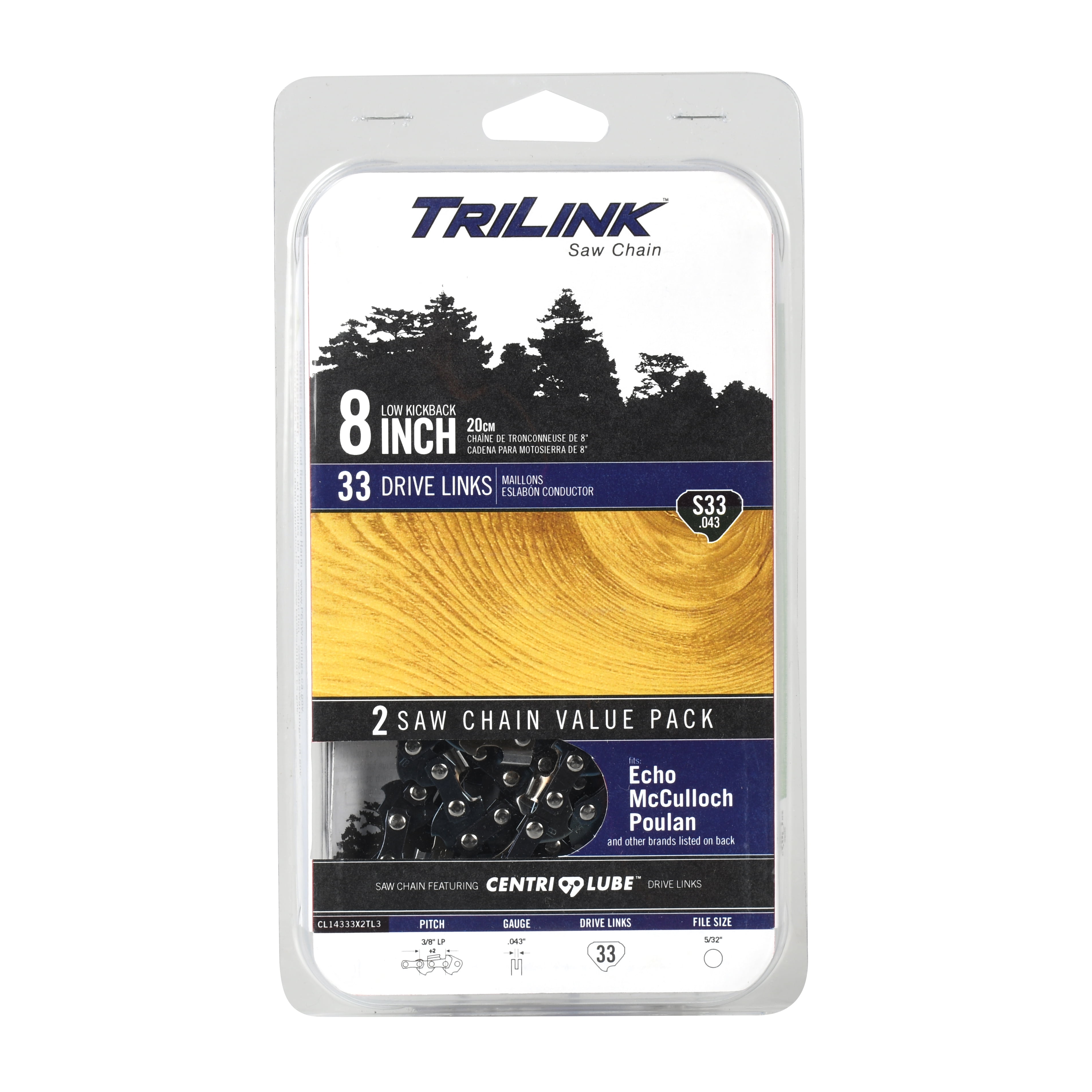 Trilink S33.043 8" 2 Pack Replacement Saw Chain; 33 Drive Links; .043