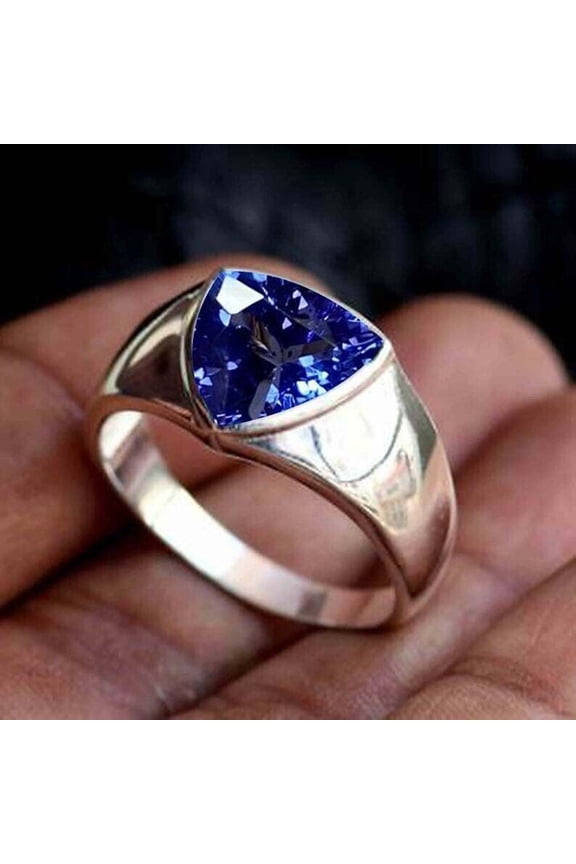 Trillion Cut 2Ct Lab Created Tanzanite 14K White Gold Plated Silver Men's Wedding Gifts Ring