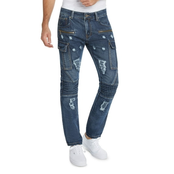 Trillnation Men's Distressed Ripped Destroyed Cargo Zipper Detail Jeans Slim Fit Blue 34/32