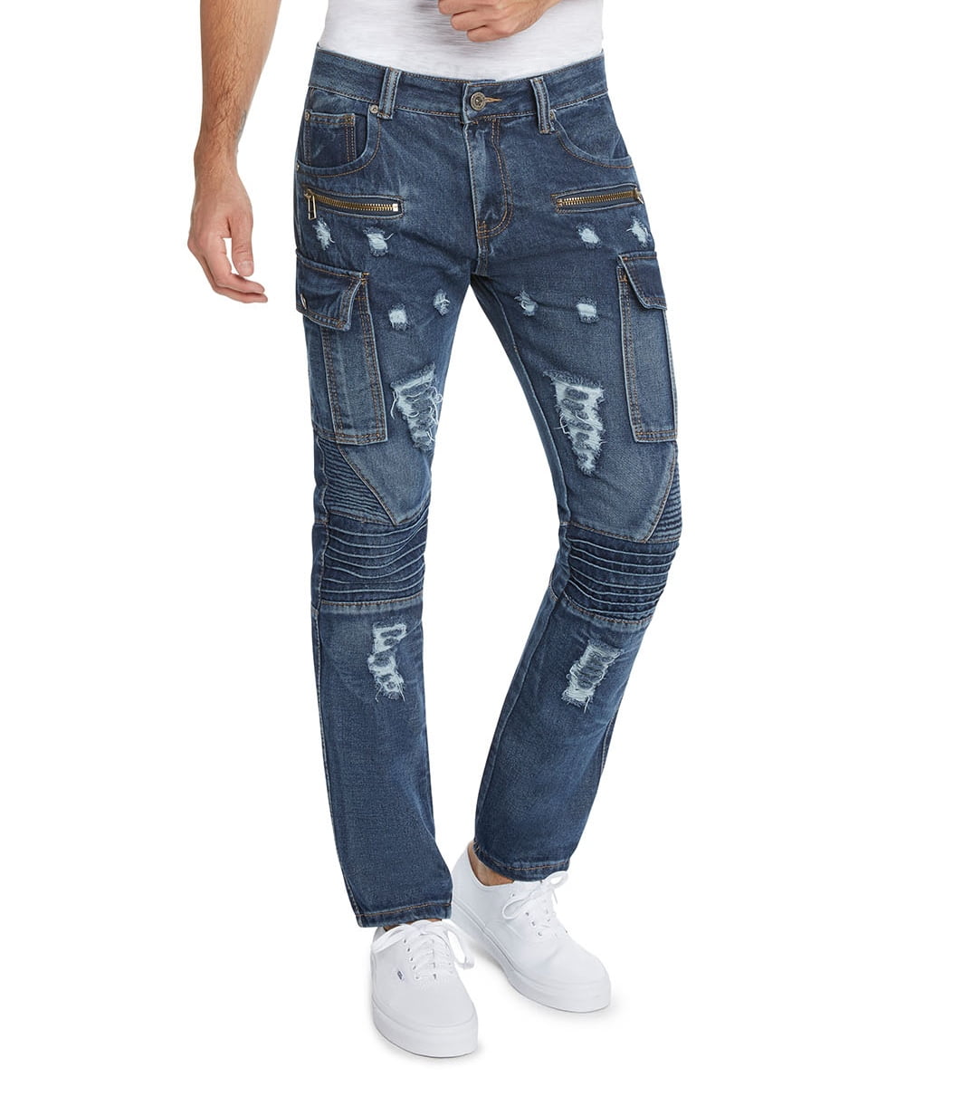 Trillnation Men s Distressed Ripped Destroyed Cargo Zipper Detail Jeans Slim Fit Blue 36 32 Walmart