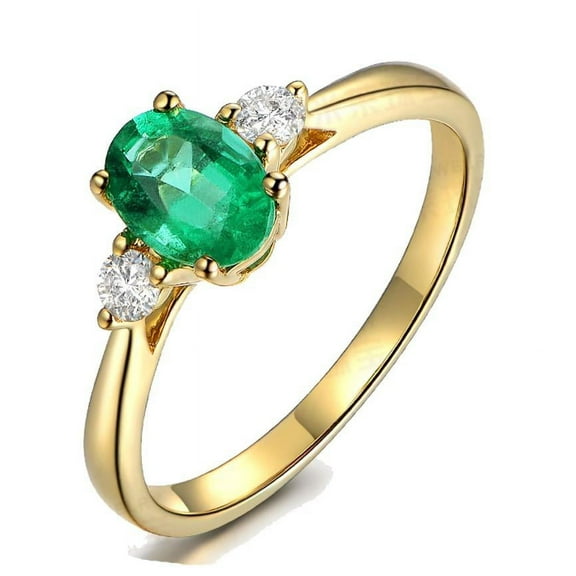 Trilogy 1.50 Carat Green Emerald 8x6mm Oval Cut Moissanite Diamond Engagement Ring in 10k Yellow Gold