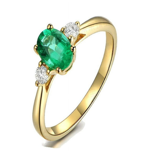 Trilogy Half Carat oval cut Emerald and Round Diamond Engagement Ring in Yellow Gold