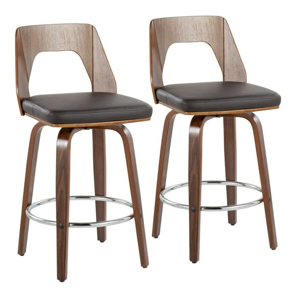 Trilogy Mid-Century Modern Counter Stool In Walnut And Brown Faux Leather - Set Of 2