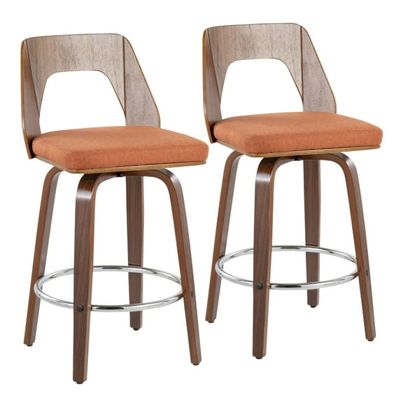 Trilogy Mid-Century Modern Counter Stool In Walnut And Orange Fabric - Set Of 2
