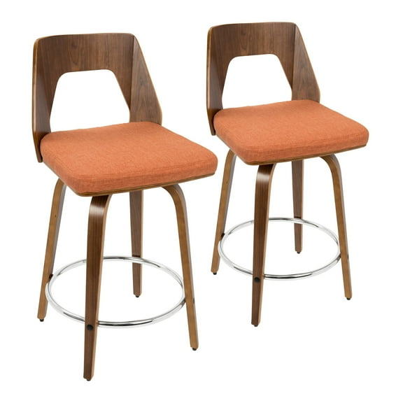 Trilogy Mid-Century Modern Counter Stool in Walnut and Orange Fabric by LumiSource - Set of 2