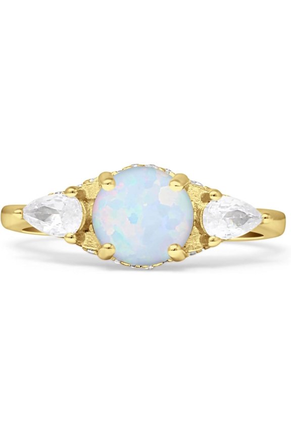 Trilogy Ring Round Pear Teardrop White Opal Yellow Tone 925 Sterling Silver, Size 10