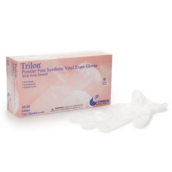 Trilon Exam Gloves - Vinyl, Powder-Free, Beaded Cuff, Non-Sterile, Large, 100 Count, 1 Box