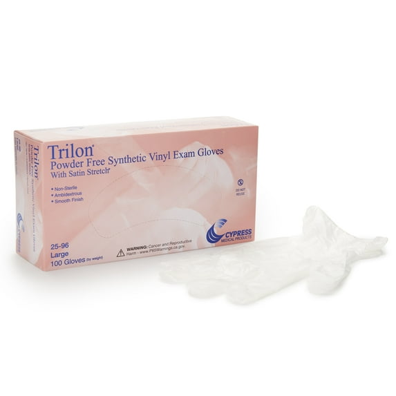 Trilon Exam Gloves - Vinyl, Powder-Free, Beaded Cuff, Non-Sterile, Large, 100 Count, 10 Boxes, 1000 Total