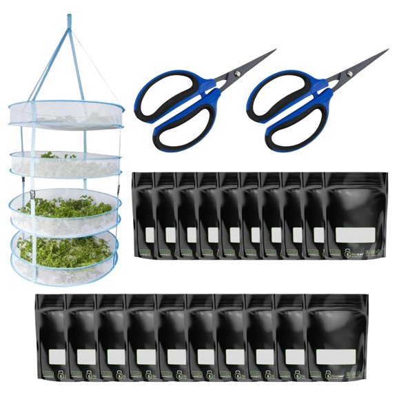 Trim and Cure Kit 20-Pack 1oz Windowed Grove Bags with 2 Pairs of Harvesting Scissors and Drying Rack - for Harvesting and Curing Produce & Preservation
