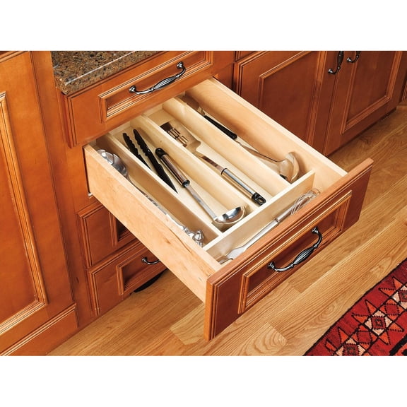 Trim-to-Fit Silverware Drawer Organizer For Kitchen Utensils, Cutlery Cabinet Storage Divider Insert, 18.5" x 22", Maple Wood