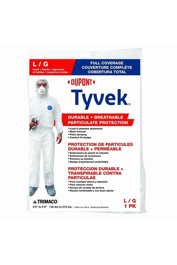 Tyvek Disposable Coverall - Hood & Boots - Workwear, Zipper Closure Residential Use, Standard Application