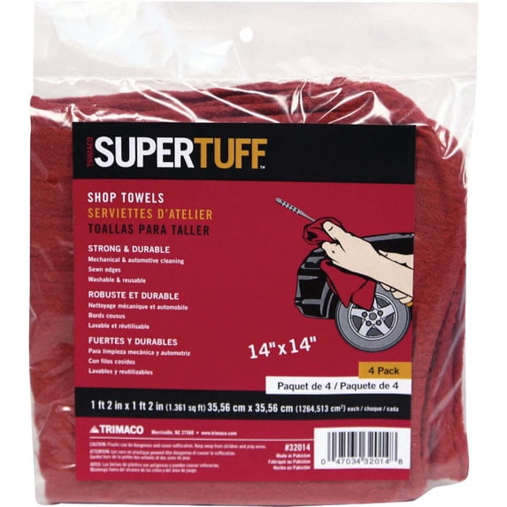 Trimaco SuperTuff Shop Towels - Reusable, Red - 4 Pack, 14 In. x 14 In.