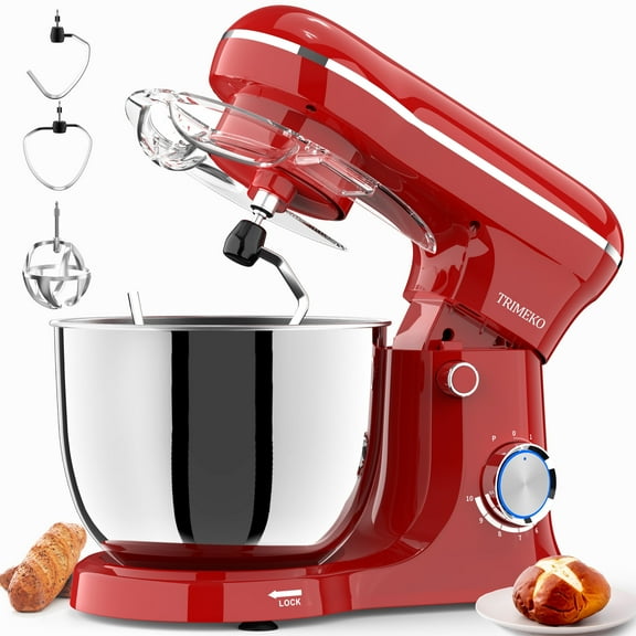 Trimeko 6-QT Tilt-Head Stand Mixer with Bowl, Dough Hook, Whisk & Beater, 3-in-1 Function,Red
