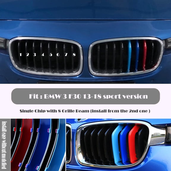 Trimla M-Colored Grille Insert Trim Performance for 12-18 BMW 3 series M Sport 4door F30 F31 fit 316i 318i 320i 325i 328i 330i 335i 340i 2012 2013 2014 2015 2016 2017 2018 Strip Clip Cover