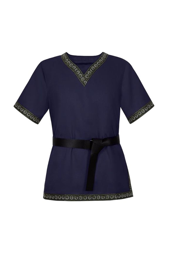 Trimmed Warrior Cosplay Top, V Neck Medieval Viking Short Sleeve Tunic, Printed Trim Warrior Peasant Cosplay Top With Belt, Multi Earth Tone Larp Halloween Costume Shirt, Blue L