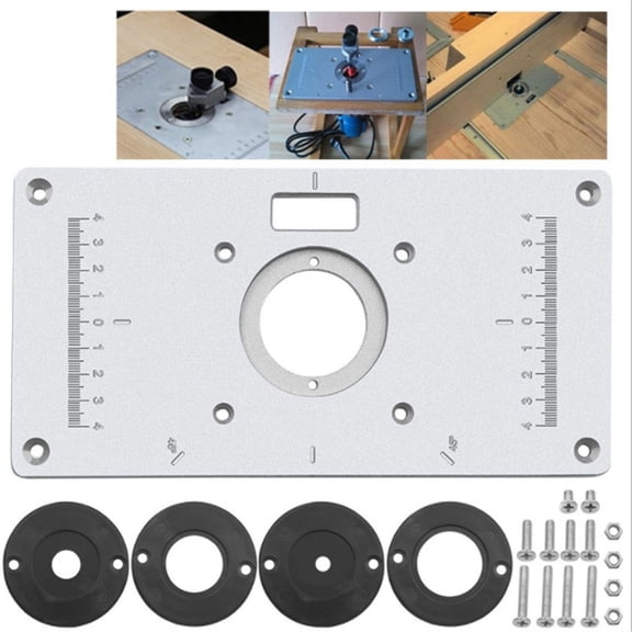 Trimmer Flip Board with 4 Black Ring Router Table Insert Plate Multifunctional Trimming Machine Flip Board Used for Trimming Grooving Furniture Processing Crafts Carving Woodworking DIY