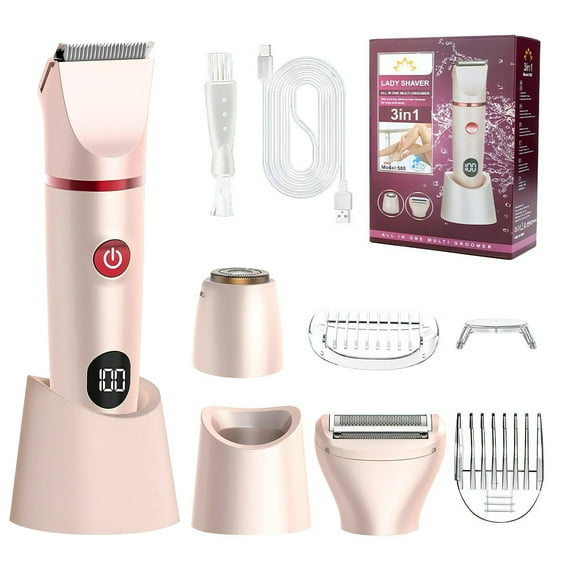Bikini Trimmer for Women, Cordless Electric Razors, IPX7 Waterproof Lady Facial Razor, Portable Rechargeable Body Pubic Hair Trimmer, Ideal for Face, Underarm & Legs,Pink