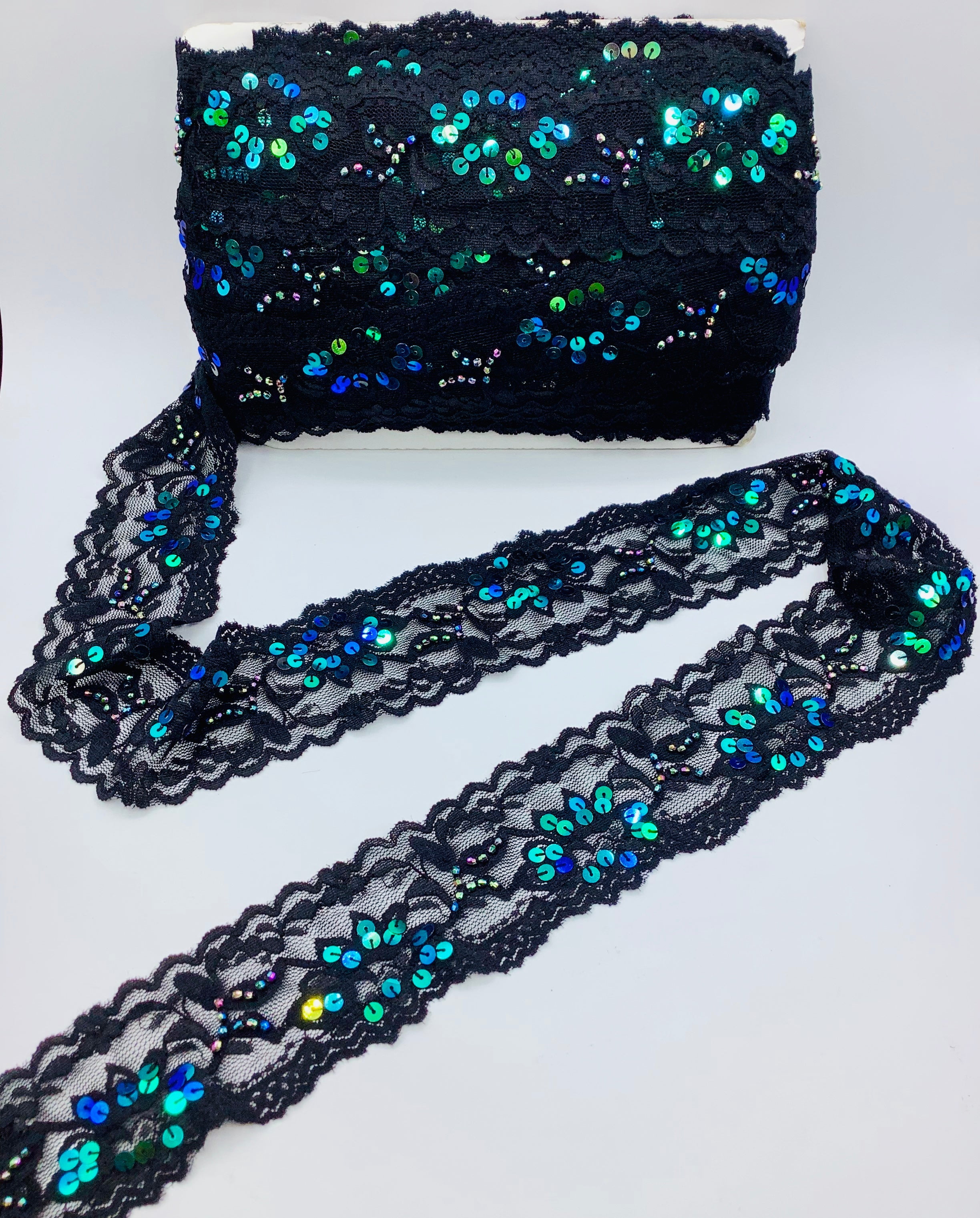 Trimplace Black 2-1/4"  Stretch Lace with Sequins & Beads