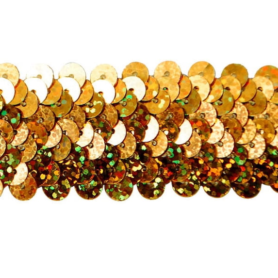 Trims by the Yard 3-Row Starlight Hologram Sequin Stretch Trim, 1 1/4-Inch Versatile Sequins for Crafts, Durable Sequin Trim for Costumes, Fashion, and Home Decor, 5 Yards Cut, Gold