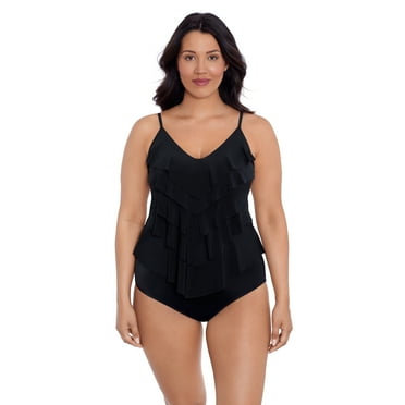Trimshaper Women's Rachel 5 Tier Ruffle Tankini Swimsuit Top - Black