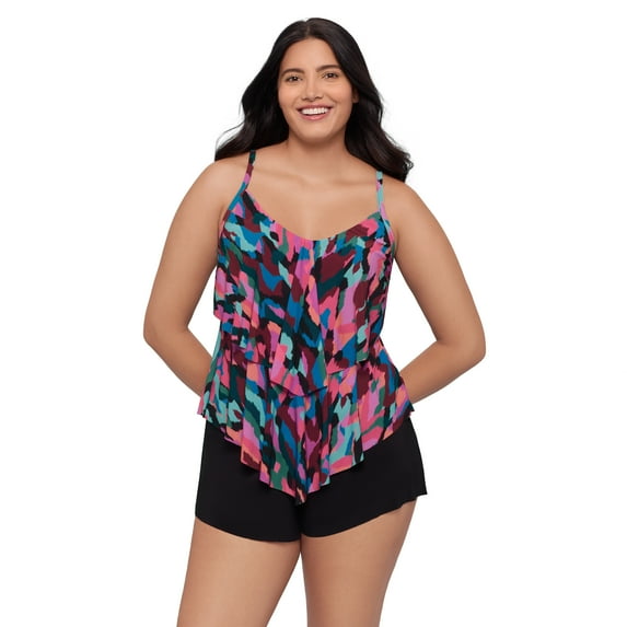 Trimshaper Women's Ronnie Two Tier Ruffle Plus Tankini Swim Top - Collage Patch