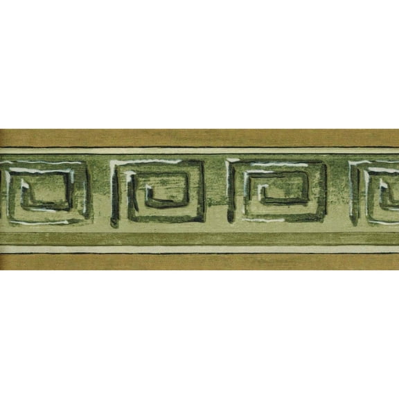 Trimz Architectural Greek Key Wallpaper Border - Green Greek Key with Silver Accent, Gold Trim, 15' L x 4.2" W