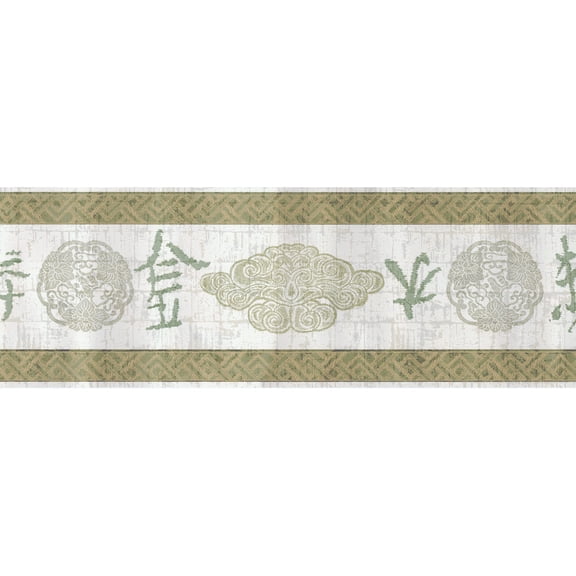 Trimz Asian Chinese Calligraphy Design Wallpaper Border - Green, Off White, Tan - 15' L x 6.75" W - Cultural Home Dcor