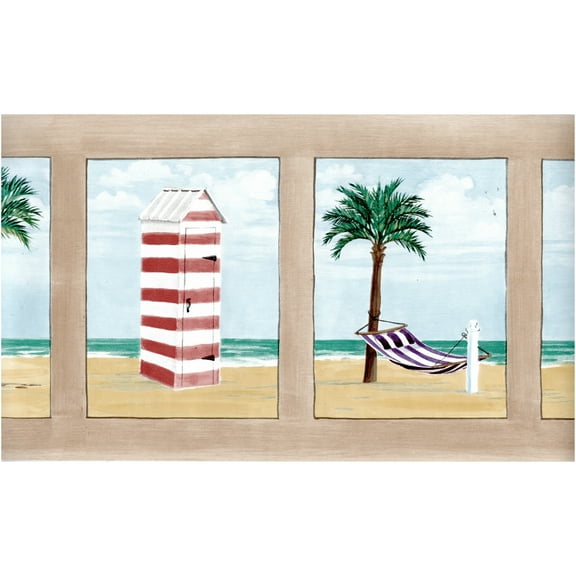 Trimz At The Beach Wallpaper Border - Coastal Wall Decor -Tan, Green, White, Blue, Red 15' L x 10.25" W