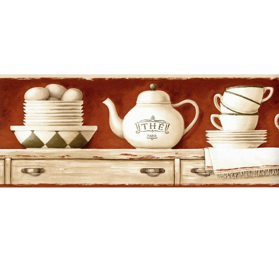 Trimz Brown Country Kitchen China Set on Shelf Wallpaper Border, Pre-pasted, 15' L x 6.875"W