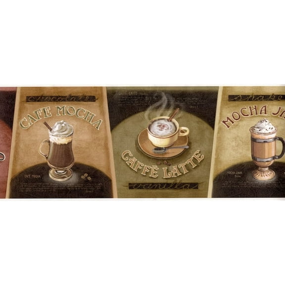 Trimz Caf Coffee Time Wallpaper Border, Kitchen Wall Dcor, Brown, 15' L x 6.6" W