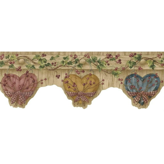 Trimz Country Hearts Berries Ivy Vines on Rustic Wood Brown Scalloped Border, Pre-pasted 15 FT. x 6.6 IN.