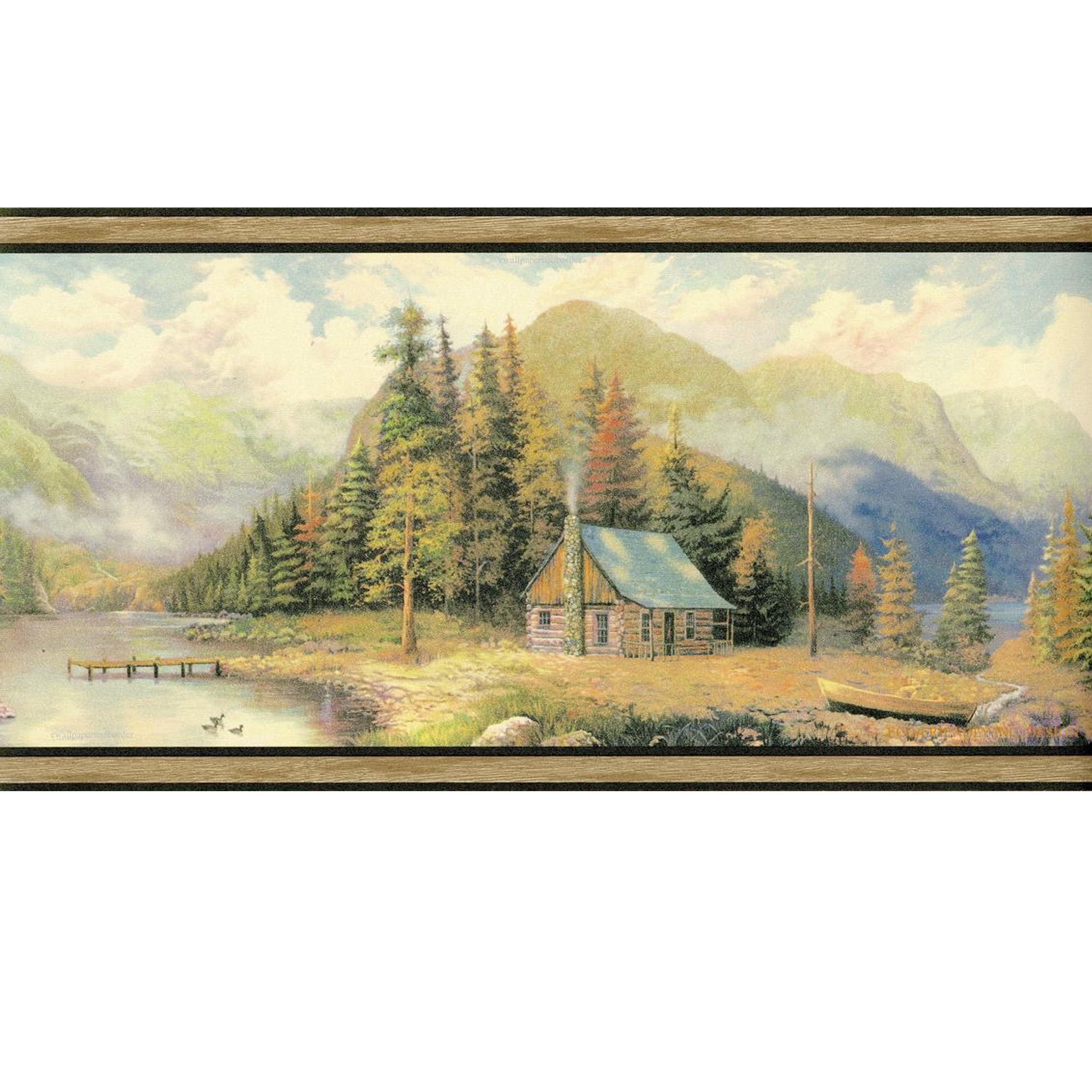 Trimz Country Lake Scene Rustic Lodge Wallpaper Border, Pre-Pasted 15 ft x 9 in., Green, Blue, Brown