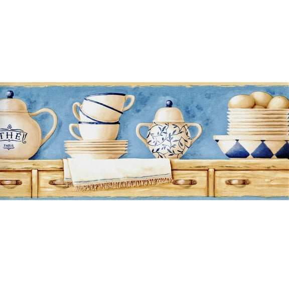 Trimz Delft Kitchen Tea Set on Shelf Wallpaper Border, Pre-pasted, 15' L x 6.875"W