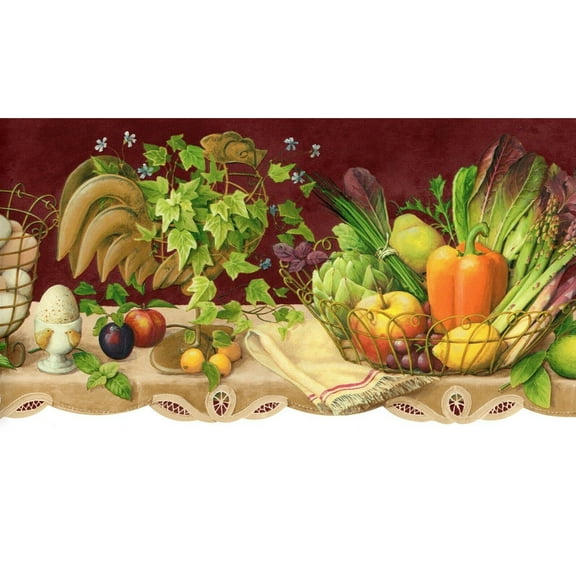 Trimz Farm Fresh Vegetables Rooster Wallpaper Border - Burgundy | Country Kitchen Dcor | 15' L x 9" W"