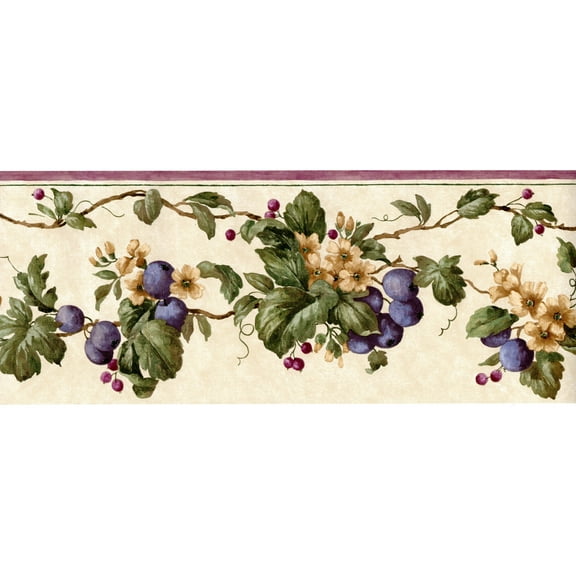 Trimz Grape Ivy Wallpaper Border - Floral and Grapevine Design - Beige, Green, Purple, 15' L x 6.8" W - Living Room, Bedroom, Bathroom, and Kitchen Wall Dcor