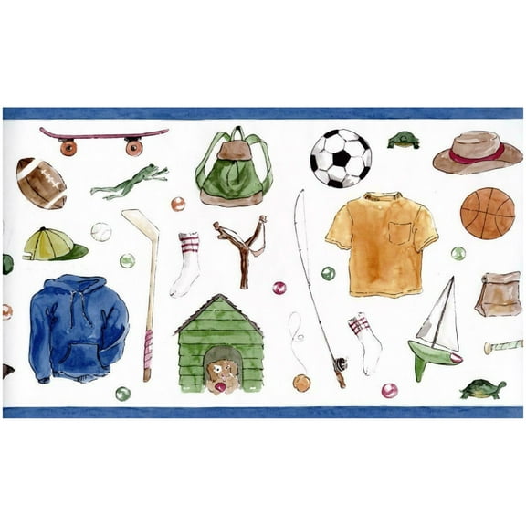 Trimz Kid's Sports Activities Wallpaper Border - Children's Room Wall Dcor - Blue, White, Green 15' L x 10.25" W
